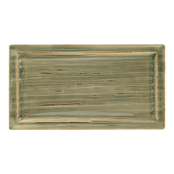 A rectangular green porcelain tray with a brown finish.
