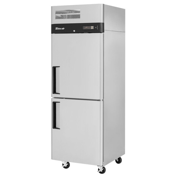 A silver stainless steel Turbo Air M3 Series reach-in refrigerator with black handles.
