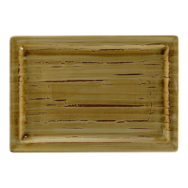 A rectangular RAK Porcelain tray with a brown wood pattern.
