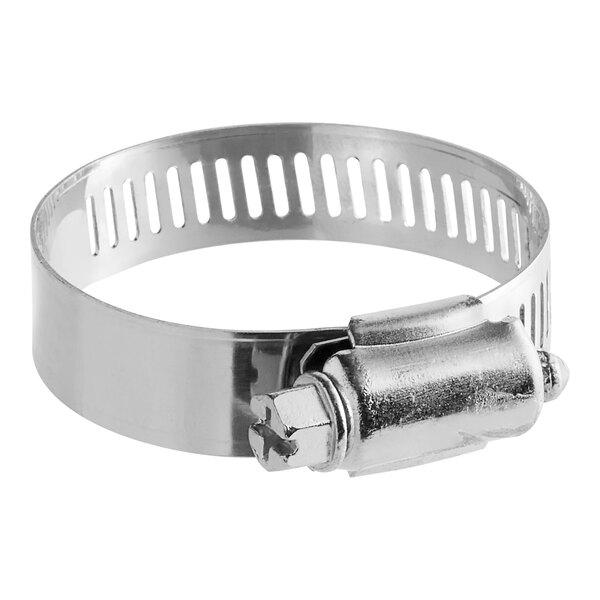 A close-up of a metal hose clamp with a bolt.