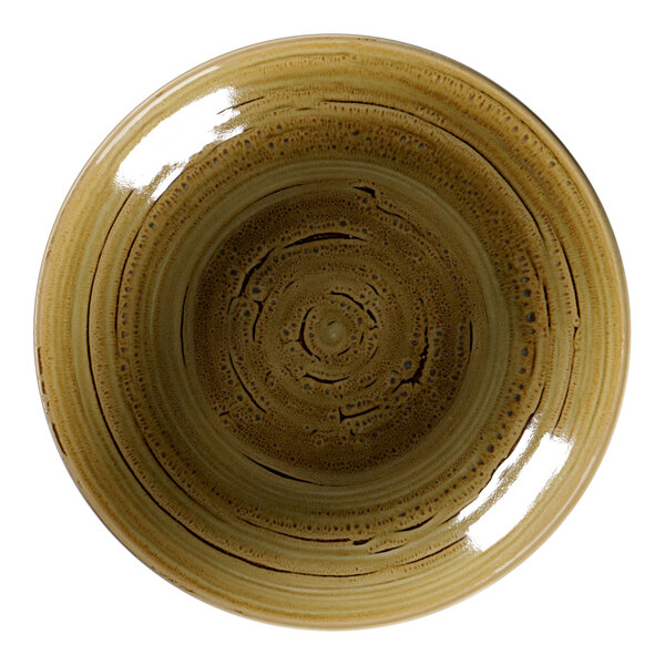 A garnet porcelain deep coupe plate with a swirled design on the rim.