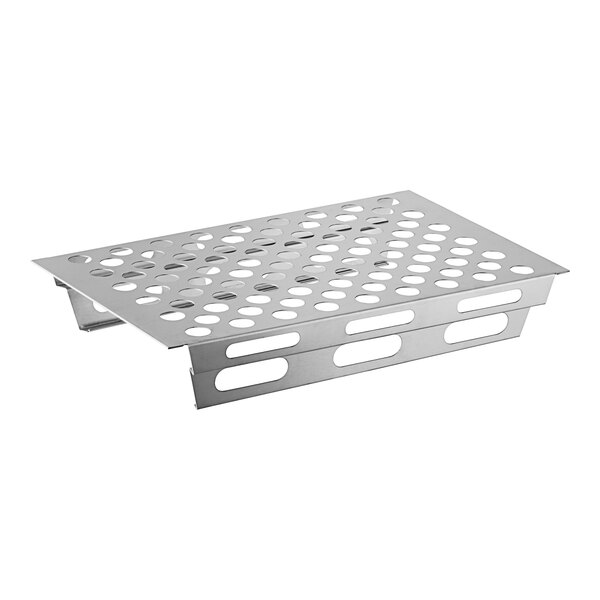 An Avantco stainless steel tray with holes.