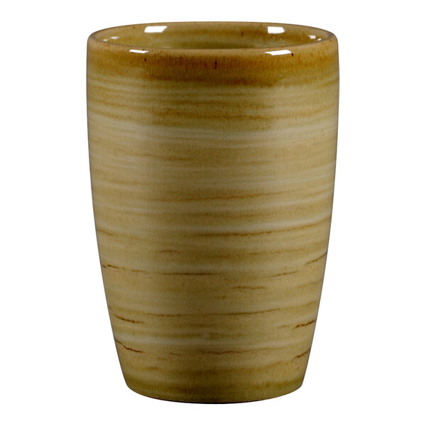 A garnet RAK Porcelain mug with a wood grain pattern.