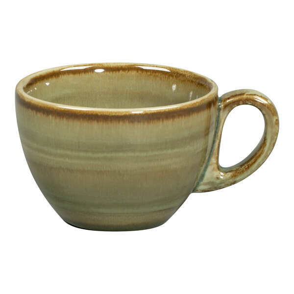 A close-up of a RAK Porcelain emerald green coffee cup with a brown handle.