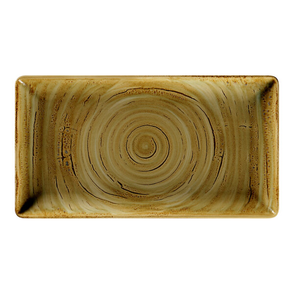 A close-up of a RAK Porcelain rectangular brown garnet plate with a spiral pattern.