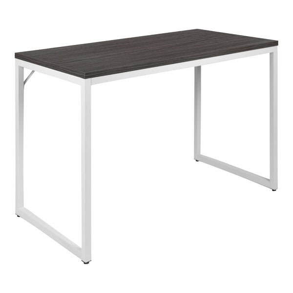 A black and white industrial modern office desk with a black top.