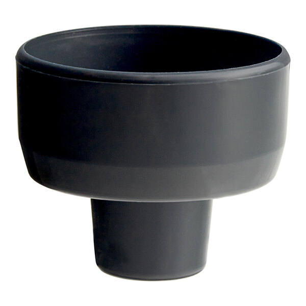 A black plastic cup with a San Jamar gray portion cup dispenser pusher piece on a white background.