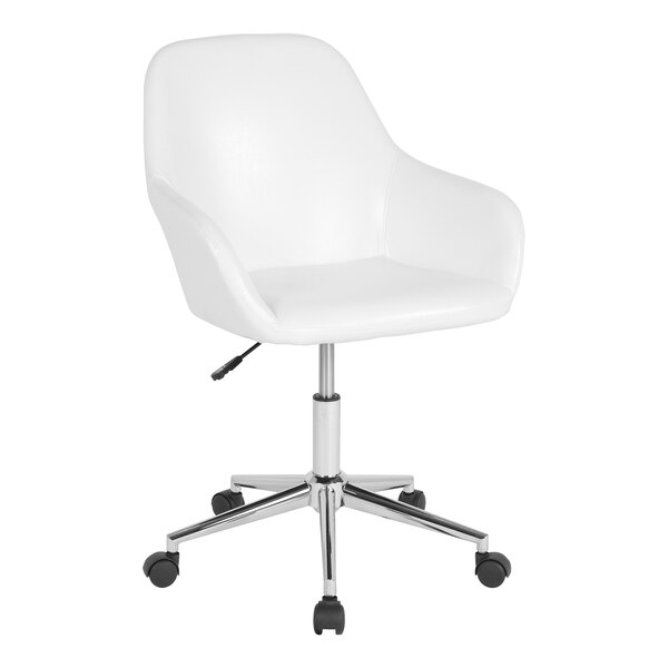 A Flash Furniture Cortana white leather office chair with wheels and chrome legs.