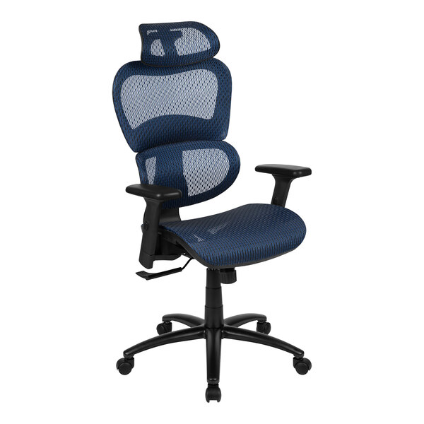 A Flash Furniture blue office chair with black arms and base and a mesh back.