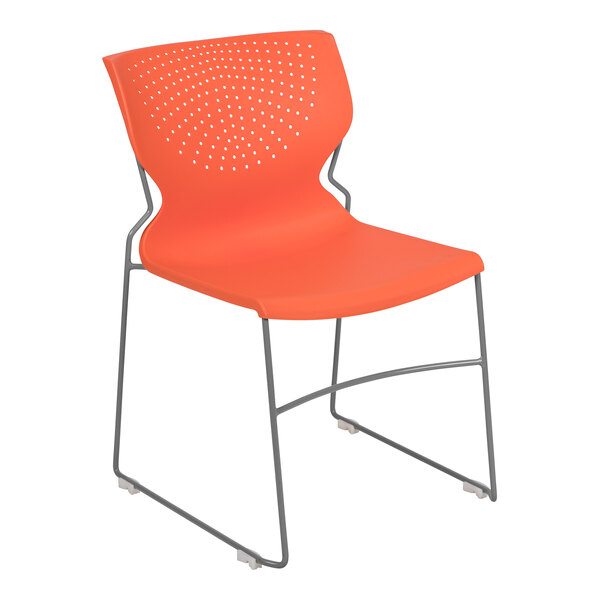 An orange Flash Furniture chair with a gray metal frame.
