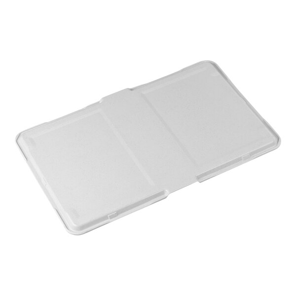 A white styrofoam case with a clear cover holding gray Dinex patient trays.