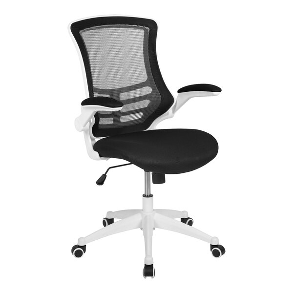 A Flash Furniture black and gray mesh office chair with white accents and a white base.