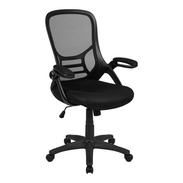 A Flash Furniture black mesh high-back office chair with arms and wheels.