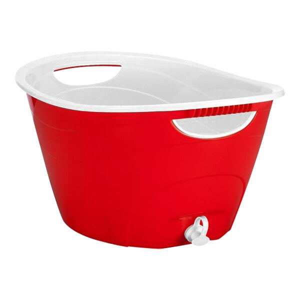 A red and white plastic double wall beverage tub with a drain plug.