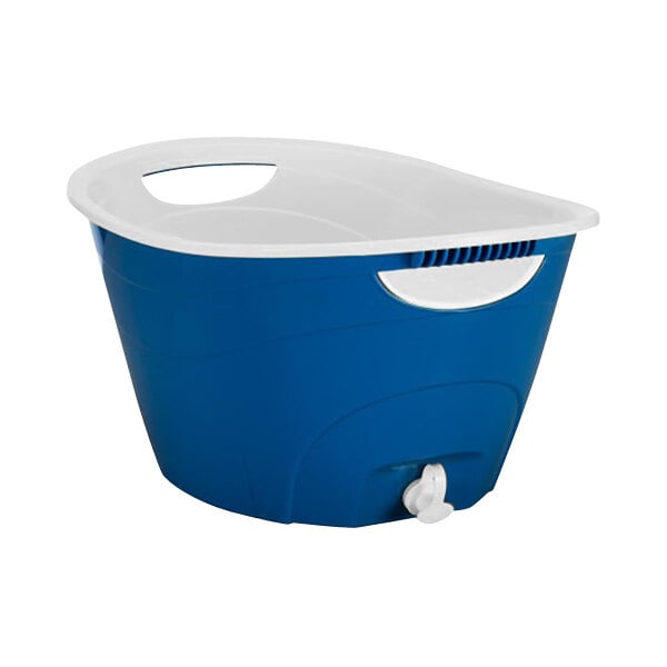 A royal blue and white double wall plastic beverage tub with a drain plug.