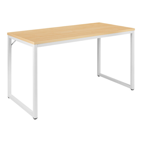 A Flash Furniture Tiverton office desk with a wooden top and white legs.