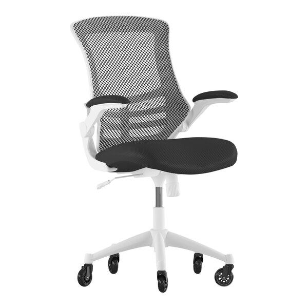 A black office chair with white frame and arms.