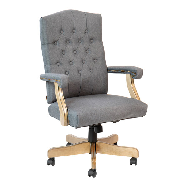 A Flash Furniture grey fabric office chair with wooden legs.
