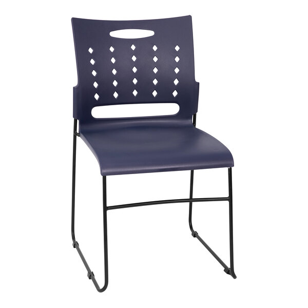 A navy plastic Flash Furniture Hercules stack chair with black legs.