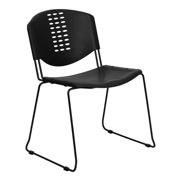 A Flash Furniture black plastic banquet chair with black metal legs.