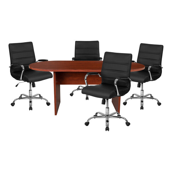 A Flash Furniture oval cherry conference table with four black LeatherSoft chairs around it.