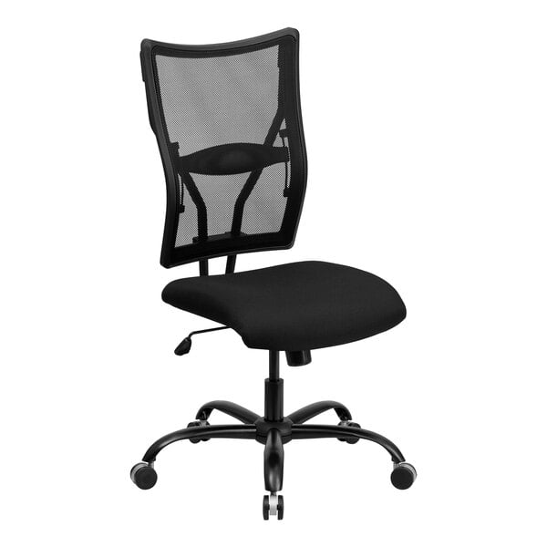 A black Flash Furniture office chair with a mesh back and arms.