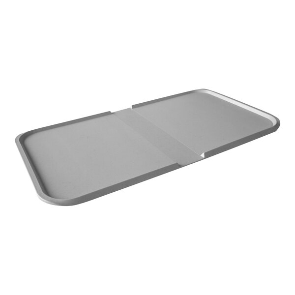 A gray Dinex patient tray with two compartments.