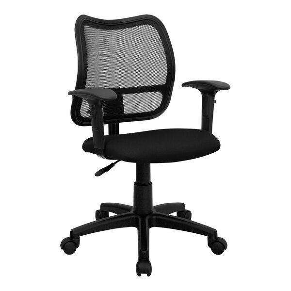 A Flash Furniture black mesh mid-back office chair with black fabric arms.