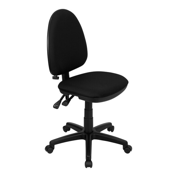 A black Flash Furniture office chair with wheels and arms.