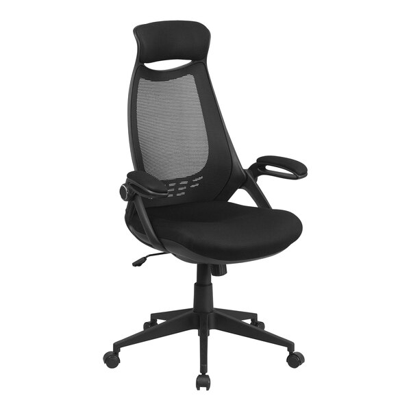 A Flash Furniture Ivan black mesh office chair with arms.