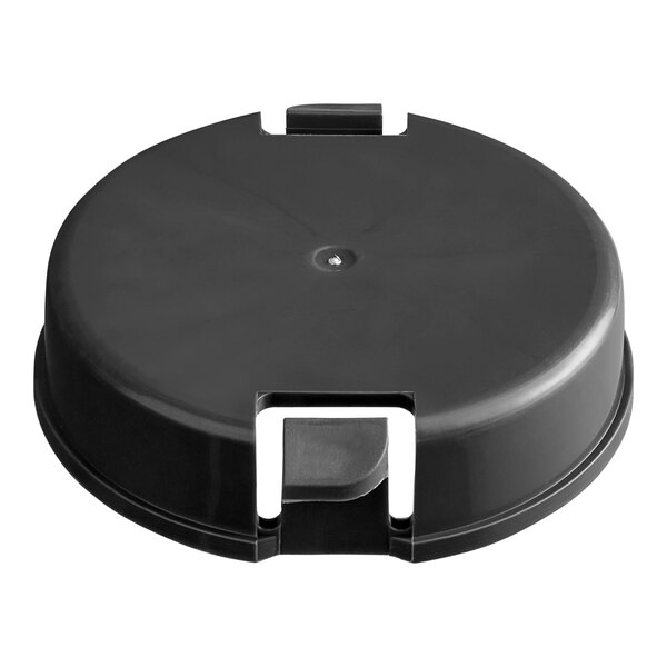 A black plastic bottom for a San Jamar portion cup dispenser with a hole in it.