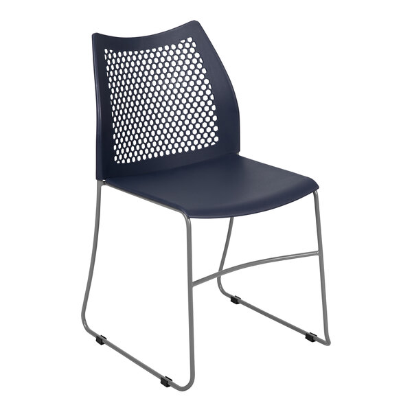 A Flash Furniture navy plastic banquet chair with a gray metal sled base and mesh back.