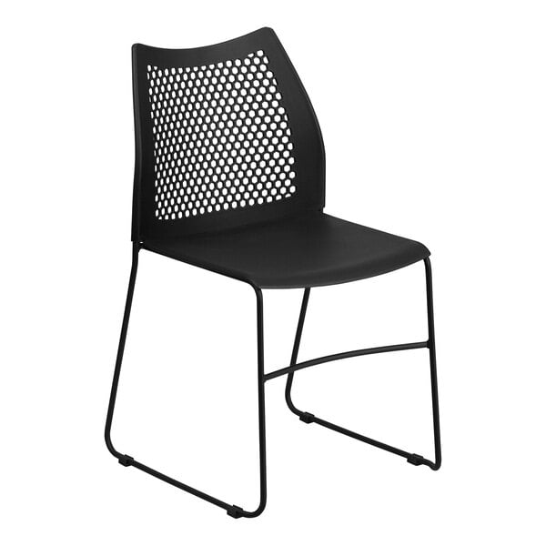 A Flash Furniture black plastic banquet chair with a black mesh back and metal base.