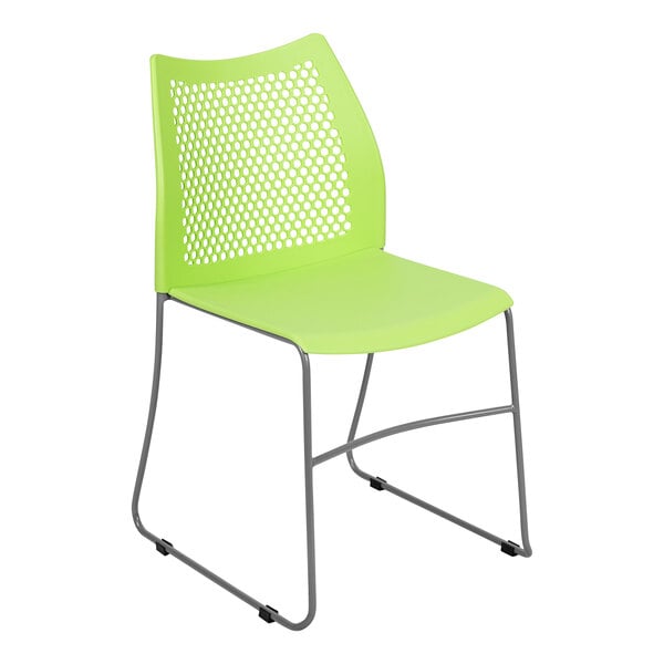 A green plastic Flash Furniture banquet chair with a gray metal sled base.