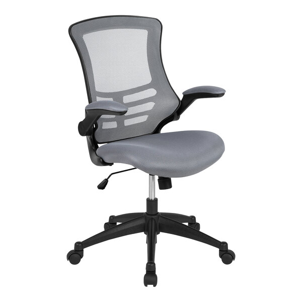 A Flash Furniture Kelista dark gray office chair with black wheels.