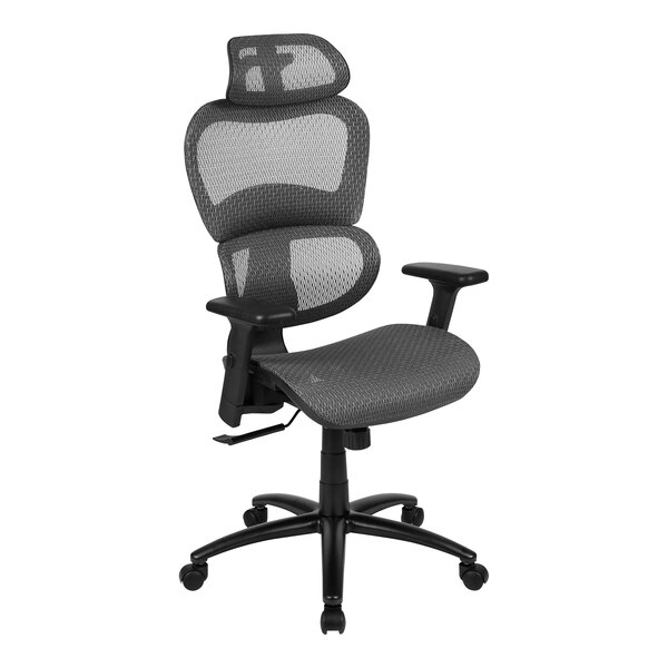 A grey and black office chair with mesh back.