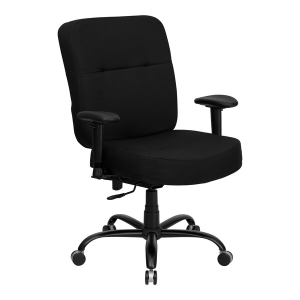 A Flash Furniture black office chair with black fabric seat and arms, and wheels.