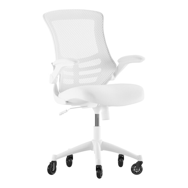 A white Flash Furniture office chair with wheels and a mesh back.