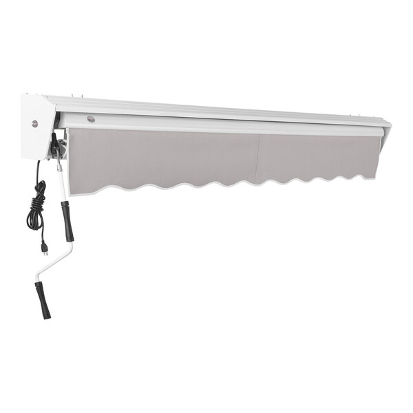 An Awntech gray patio awning with a black cord.