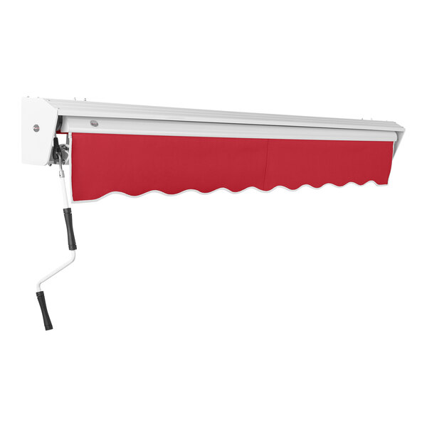 A red Awntech manual retractable awning over a white surface.