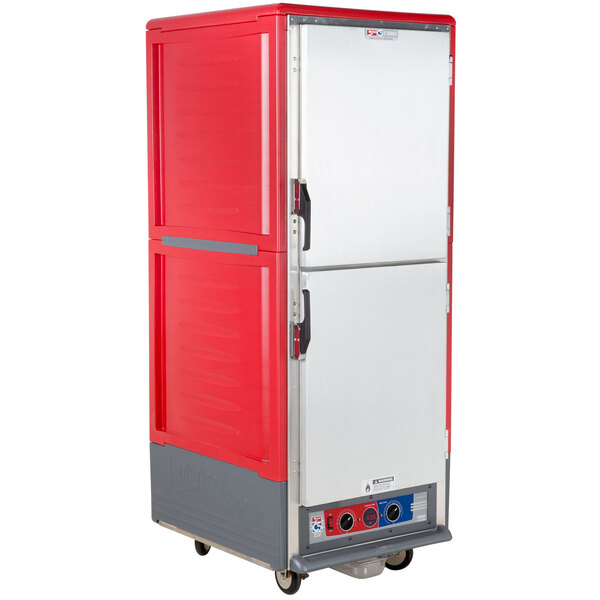 A red and silver holding and proofing cabinet with white Dutch doors.