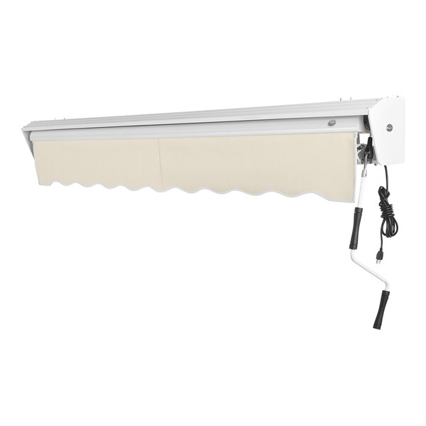 A white Awntech retractable patio awning with a black cord.