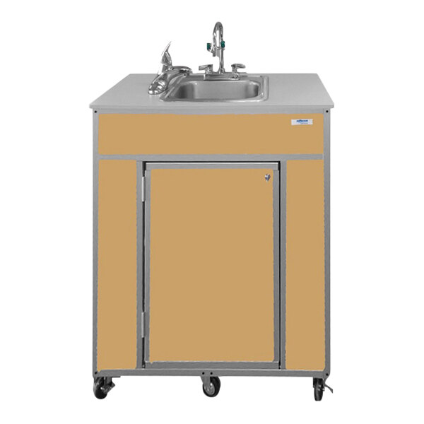 A Monsam portable eye and face washing station with a maple cabinet on wheels.