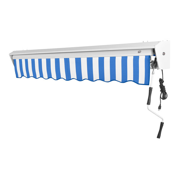 A blue and white striped Awntech Destin retractable awning with protective hood.