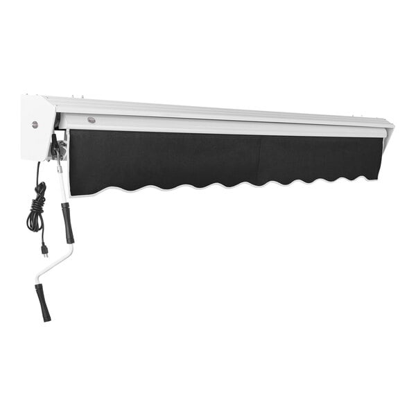 A black Awntech retractable patio awning with protective hood.