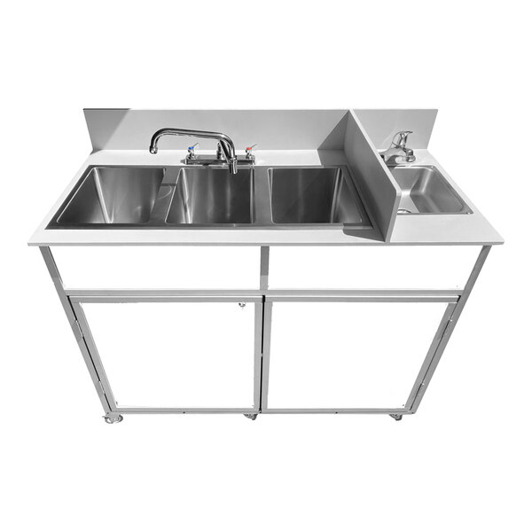 A white Monsam portable commercial sink with four deep basins and a faucet.