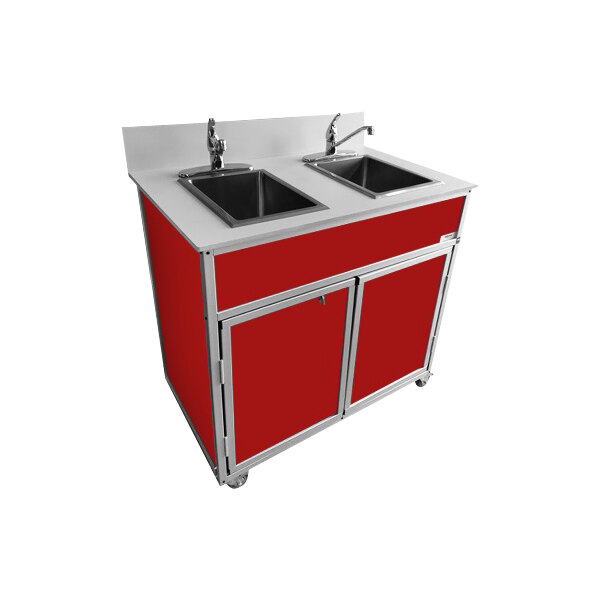 A red and white Monsam double basin portable self-contained sink.