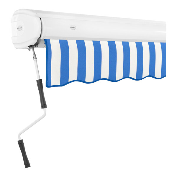 An Awntech Key West blue and white striped commercial awning with a handle.