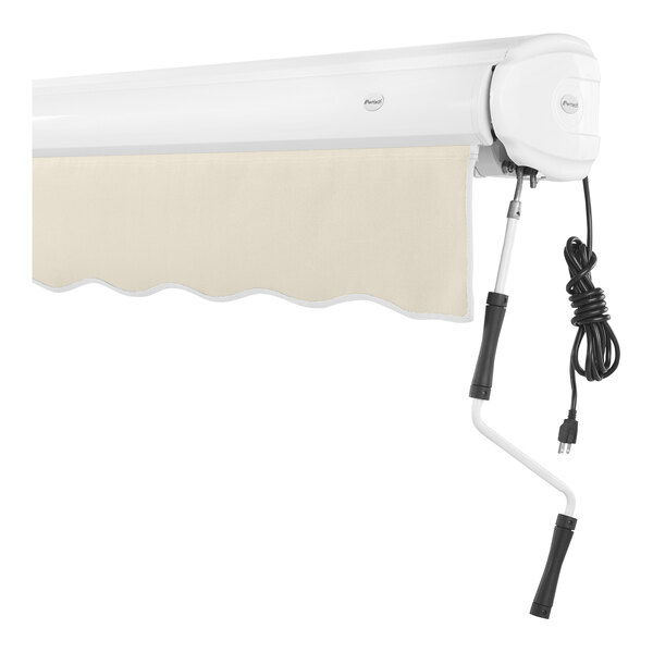 A white Awntech Key West retractable patio awning with a white and tan cord and a black power cord.