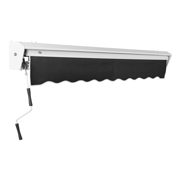 A black Awntech retractable patio awning with protective hood.